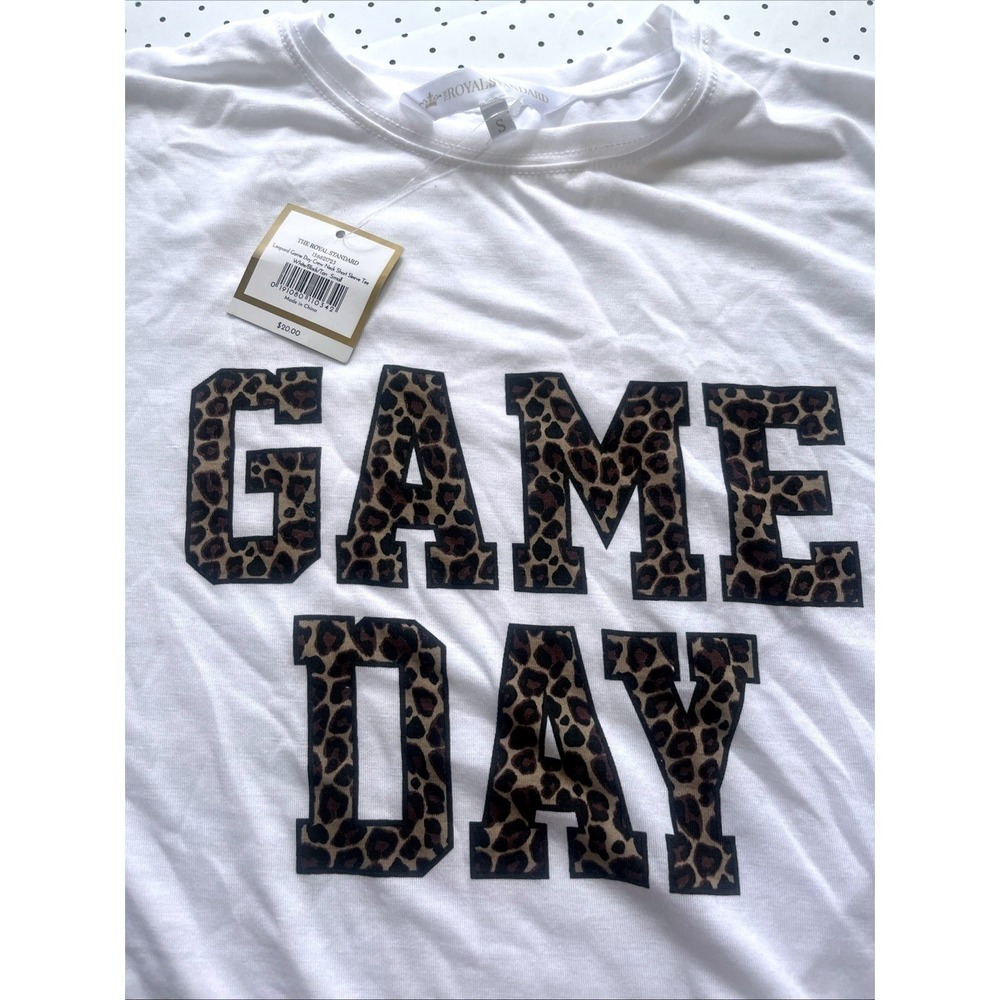The Royal Standard Game Day Leopard Print Graphic Tee White Short Sleeve NWT S